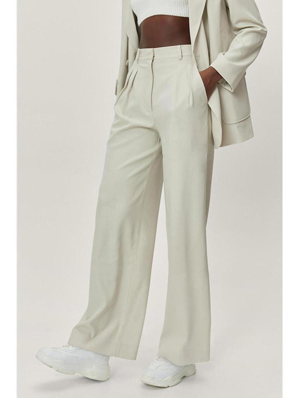 Nasty Gal Ecru High-Waisted Tailored Wide Leg Trousers Size US 2